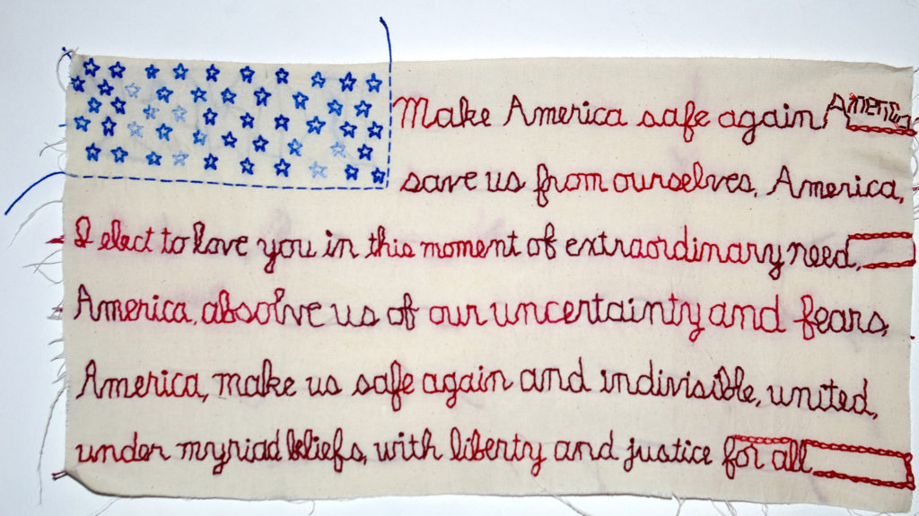 Incantation. 2016. Embroidery, beading on fabric. 11"x21".  For ACLU benefit, Unbroken â€” artists respond to 2016 presidential election. 